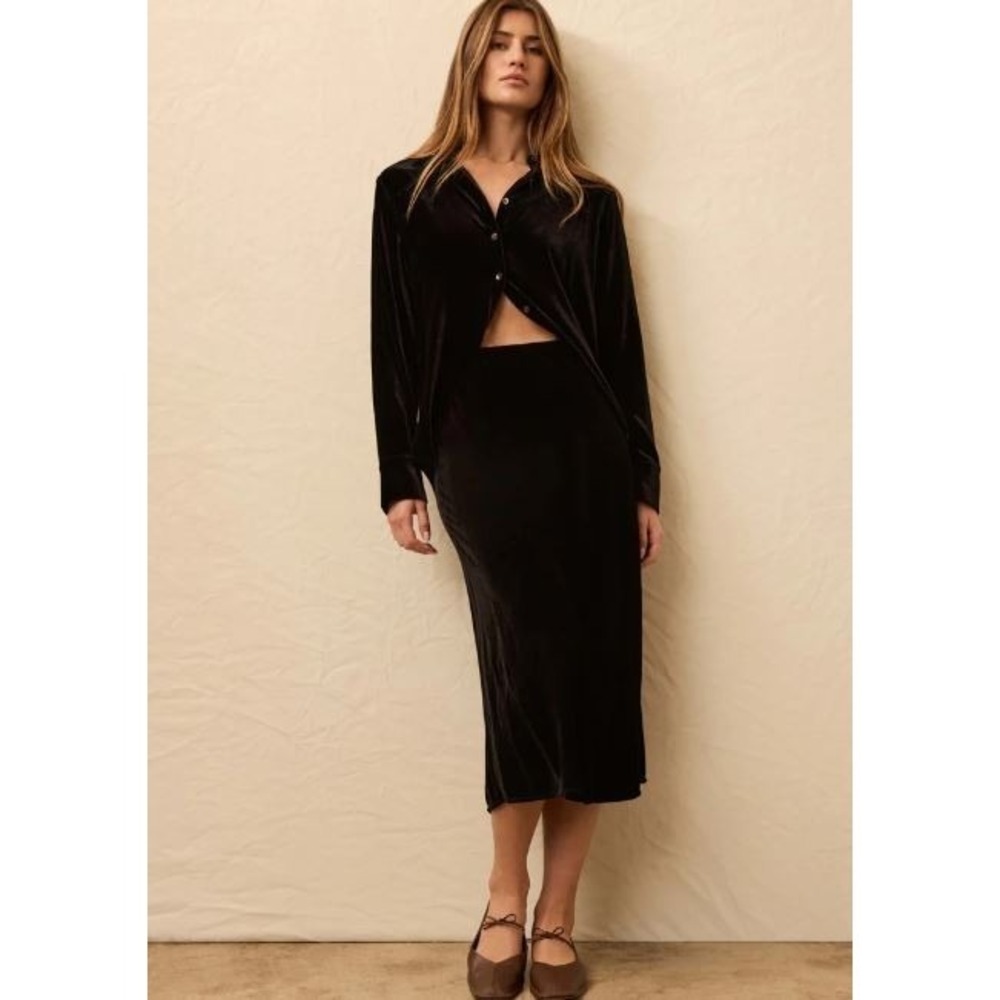Faherty Size Small Stretch Silk Blend Velvet Ina Slip Skirt ‎ Black Midi Pull-On